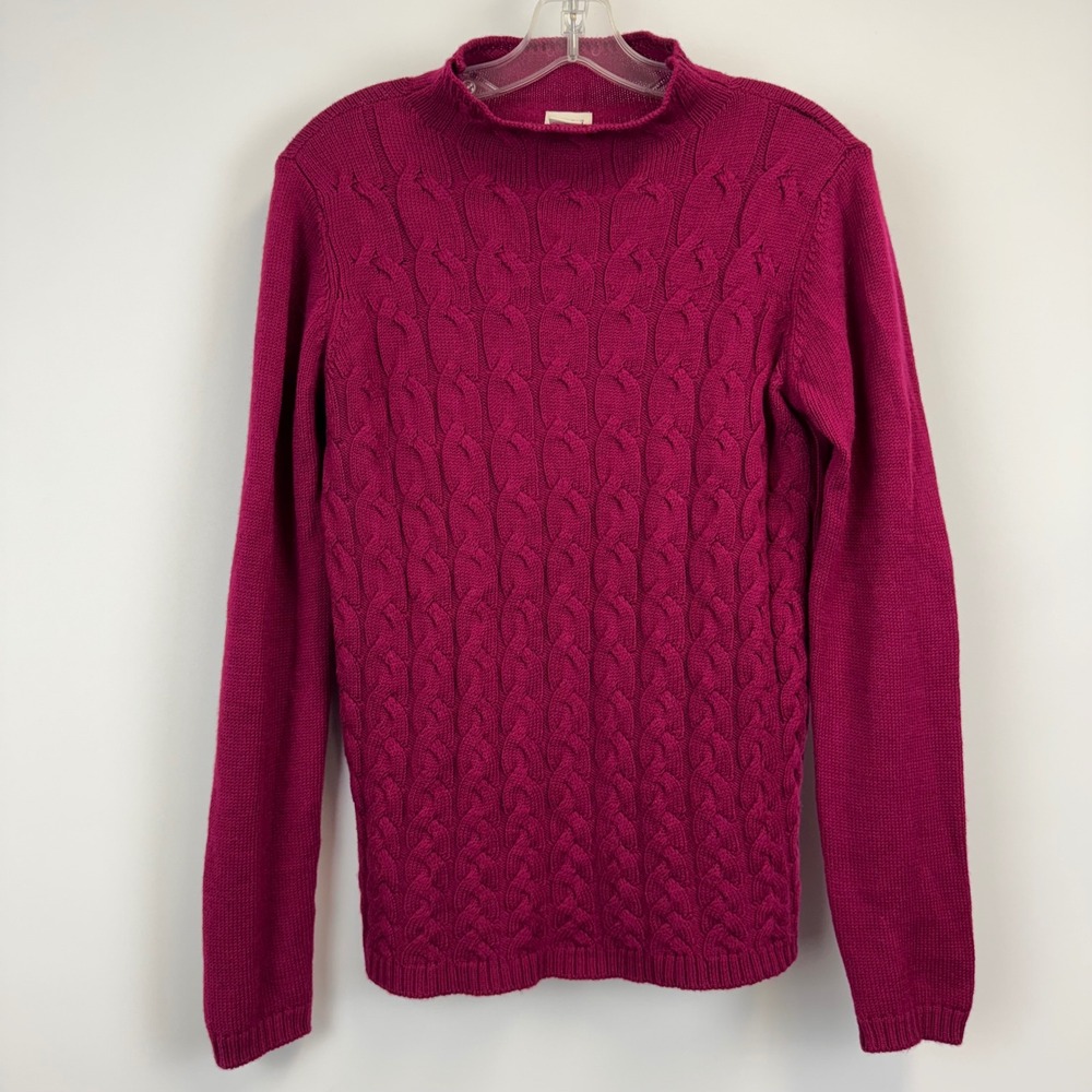 Aspen Magenta Wool Cable‎ Knit Mock Neck Sweater Made in Italy Womens Large
